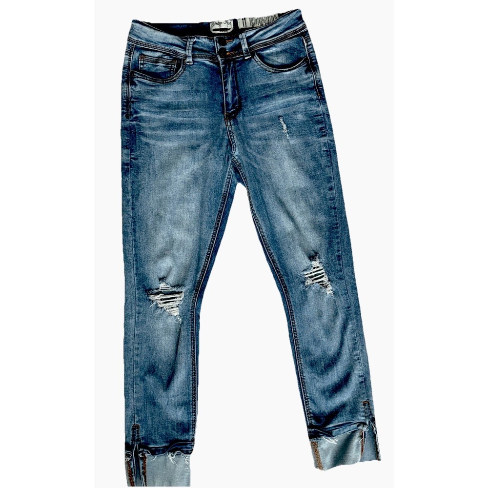 Indigo Rein Women Distressed Ankle Jeans Medium Wash Raw Split Hem Jr. Size 11
